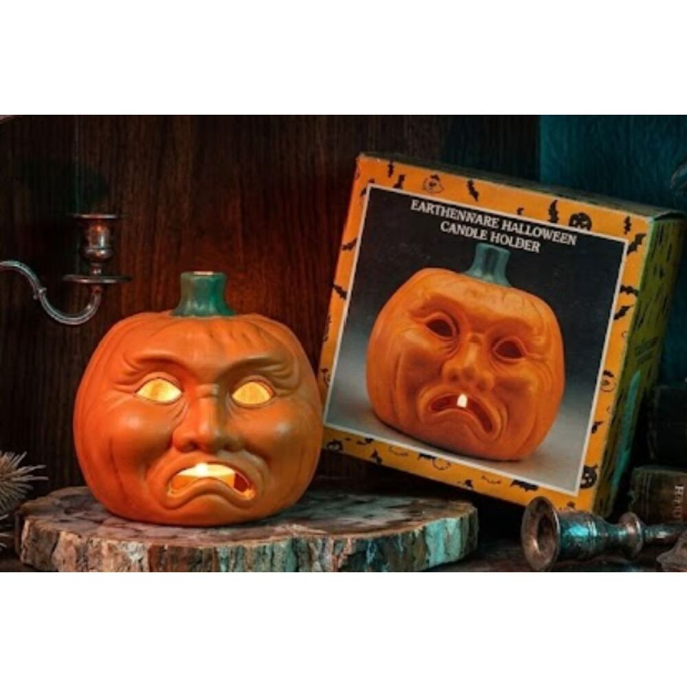 Vintage Halloween Jack O Lantern Pumpkin Candle Cover Ceramic Scary Face Decor